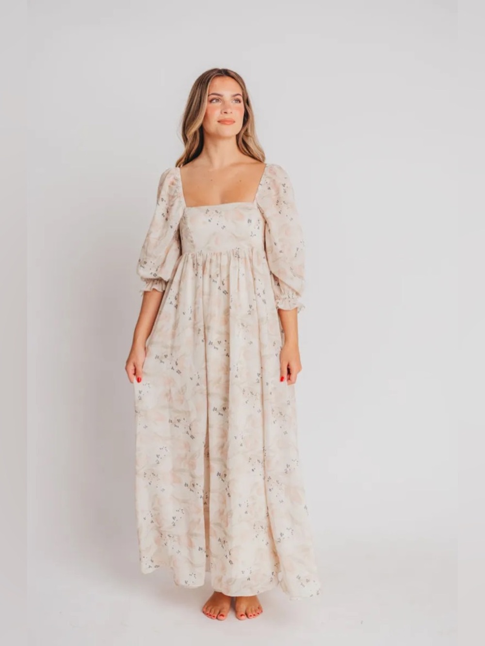 Storia Cream Floral Maxi Dress with Subtle Blush Accents